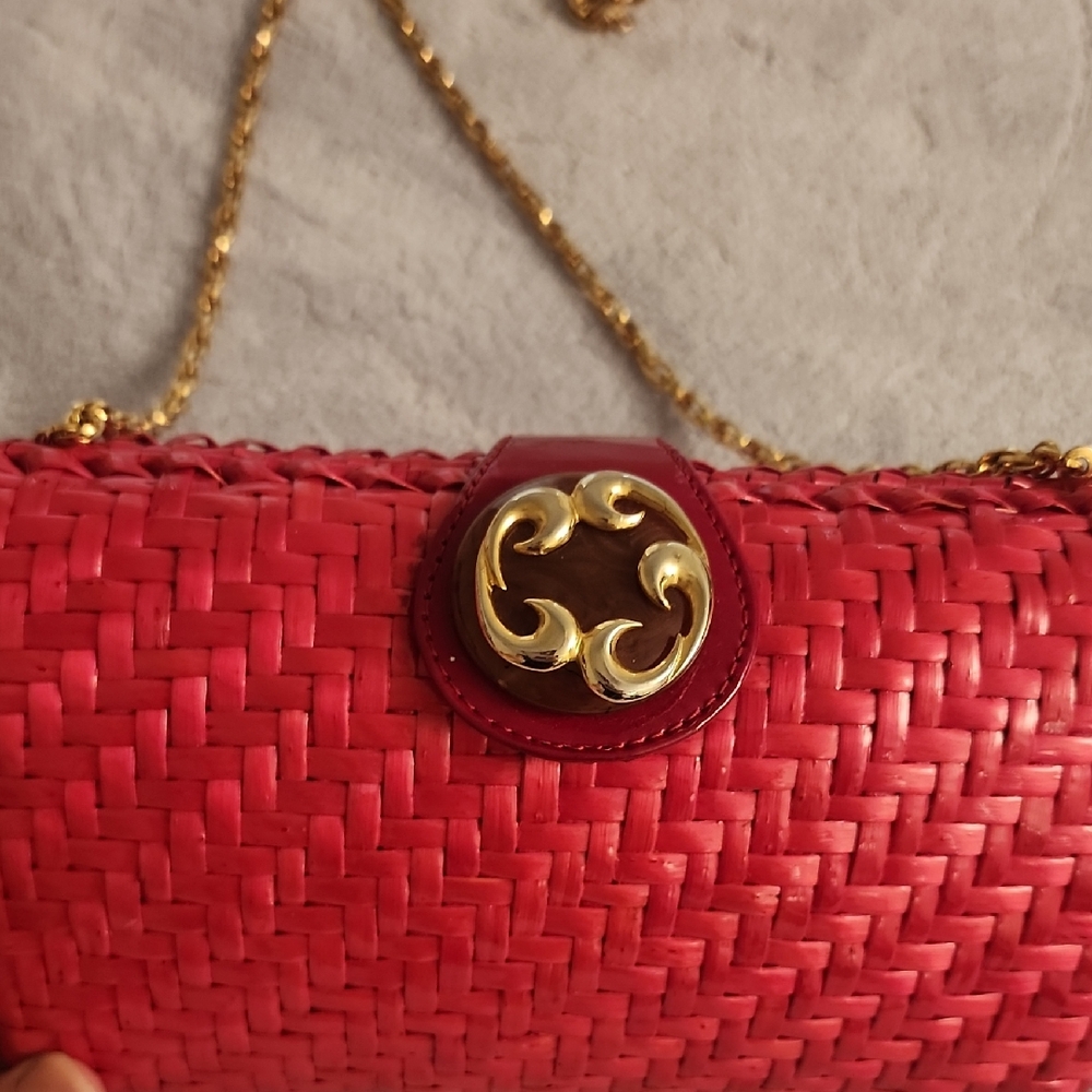 Rodo Red Woven Shoulder Bag with Gold Accents